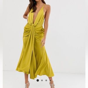 Satin plunge strappy midi dress with tie front